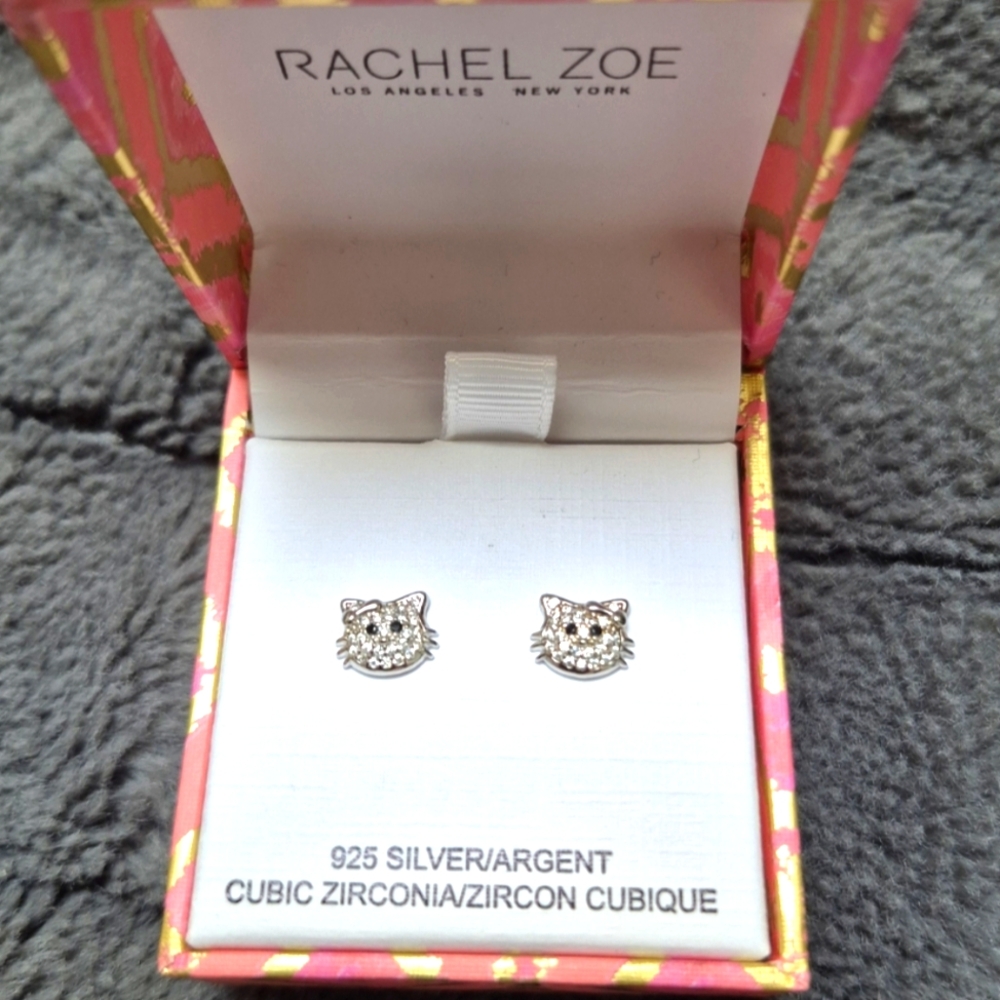 Rachel Zoe Sterling Silver Cat Earrings, New In Box